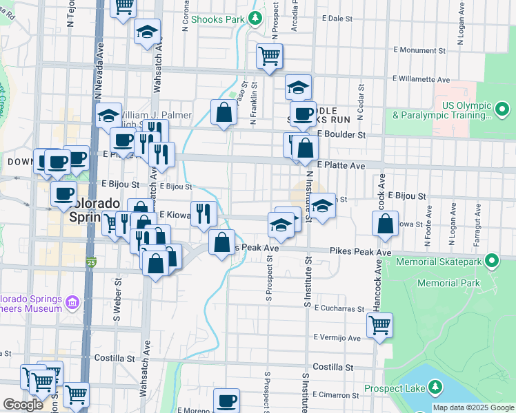 map of restaurants, bars, coffee shops, grocery stores, and more near 744 East Kiowa Street in Colorado Springs