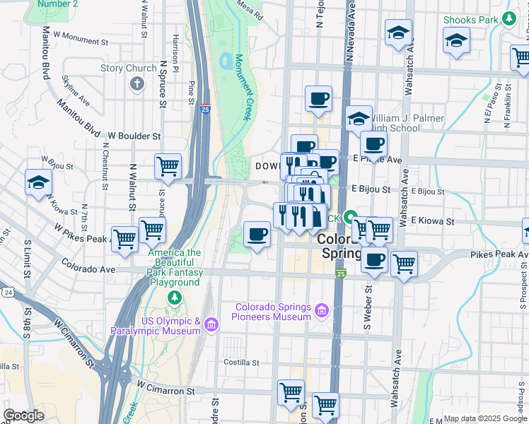 map of restaurants, bars, coffee shops, grocery stores, and more near 20 North Cascade Avenue in Colorado Springs