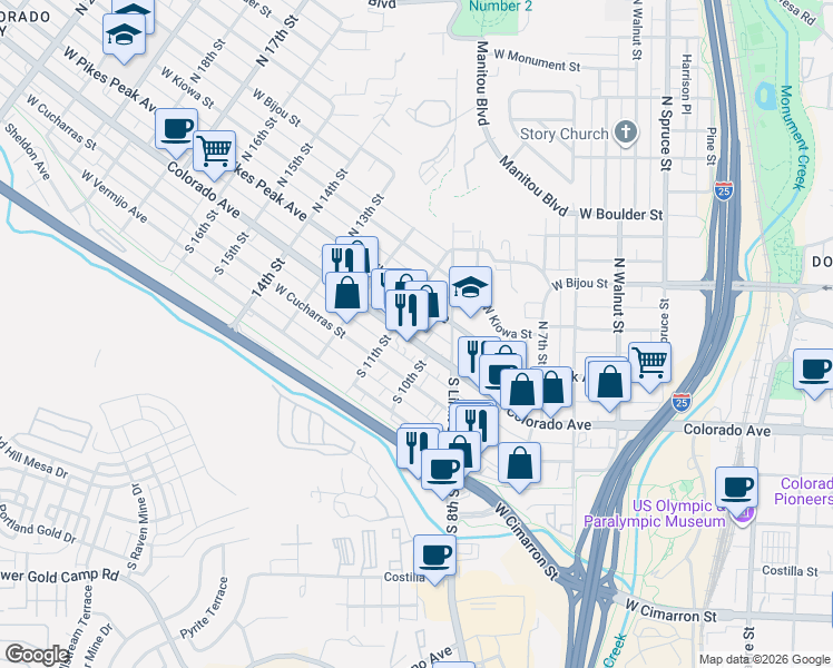 map of restaurants, bars, coffee shops, grocery stores, and more near 1015 West Colorado Avenue in Colorado Springs