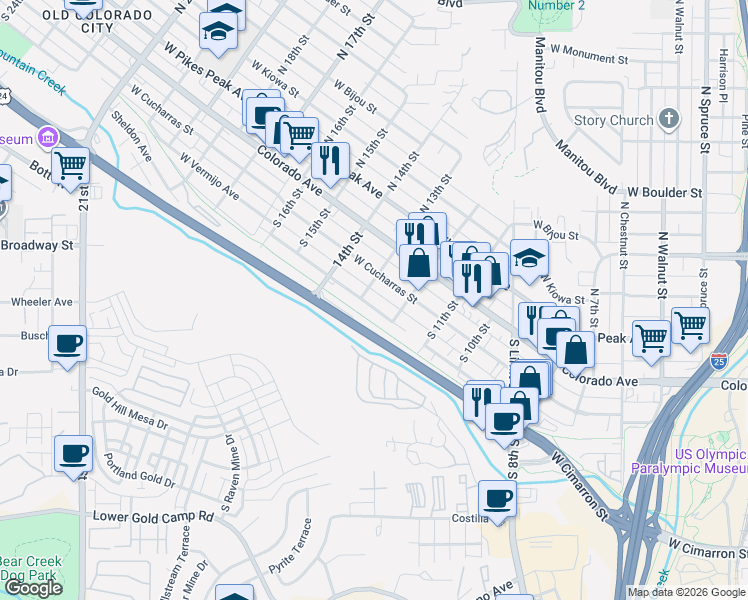 map of restaurants, bars, coffee shops, grocery stores, and more near 1221 West Vermijo Avenue in Colorado Springs