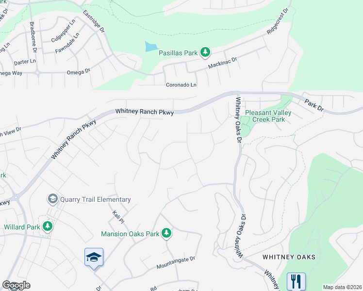 map of restaurants, bars, coffee shops, grocery stores, and more near 4205 Knotty Pine Place in Rocklin