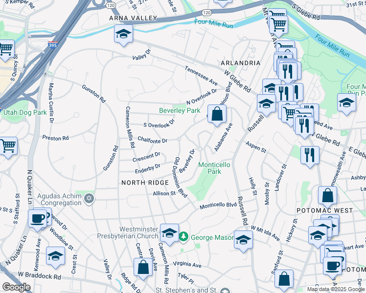 map of restaurants, bars, coffee shops, grocery stores, and more near 3211 Old Dominion Boulevard in Alexandria