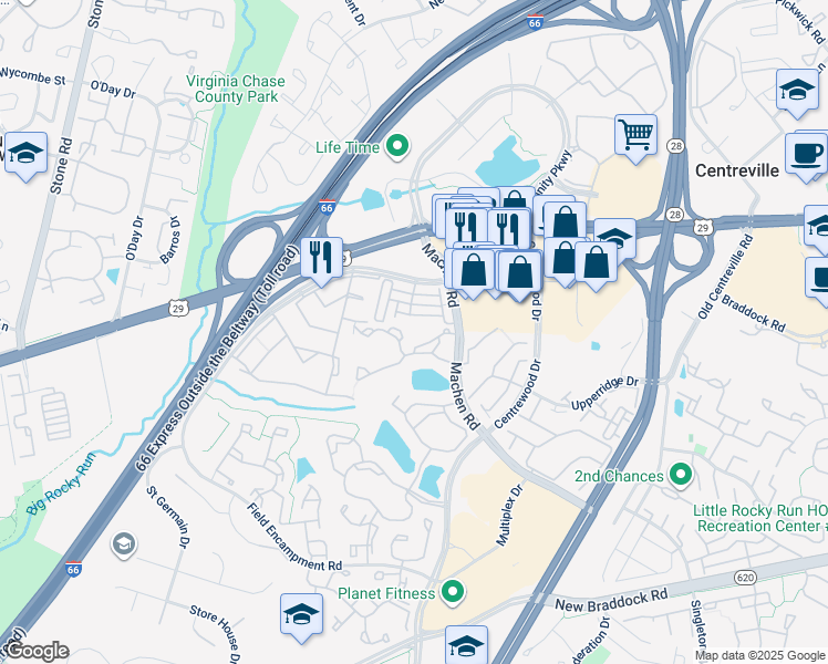 map of restaurants, bars, coffee shops, grocery stores, and more near 14300 Grape Holly Grove in Centreville