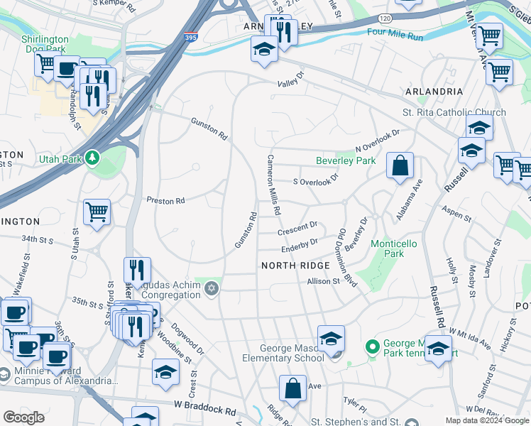 map of restaurants, bars, coffee shops, grocery stores, and more near 905 Eldon Drive in Alexandria