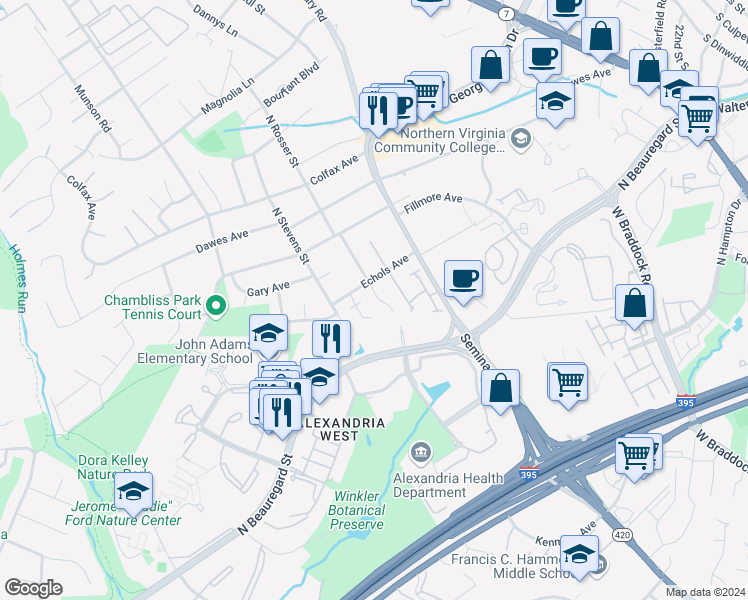 map of restaurants, bars, coffee shops, grocery stores, and more near 2686 Centennial Court in Alexandria
