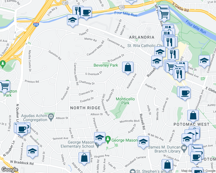 map of restaurants, bars, coffee shops, grocery stores, and more near 3211 Old Dominion Boulevard in Alexandria