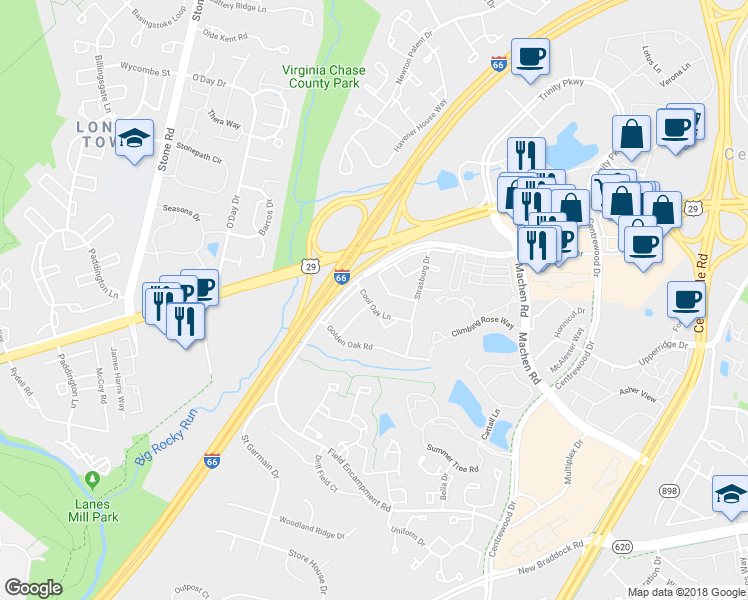 map of restaurants, bars, coffee shops, grocery stores, and more near 14468 Cool Oak Lane in Centreville
