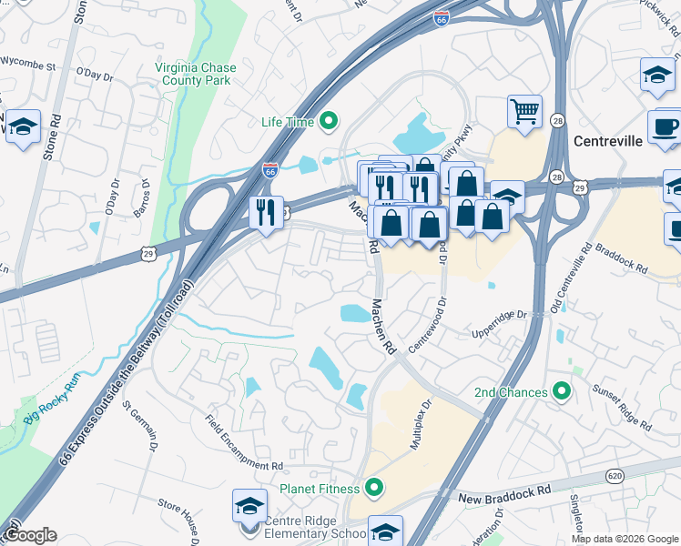 map of restaurants, bars, coffee shops, grocery stores, and more near 14300 Grape Holly Grove in Centreville