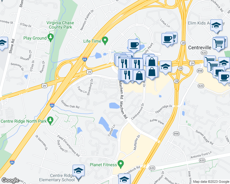 map of restaurants, bars, coffee shops, grocery stores, and more near 14300 Rosy Lane in Centreville
