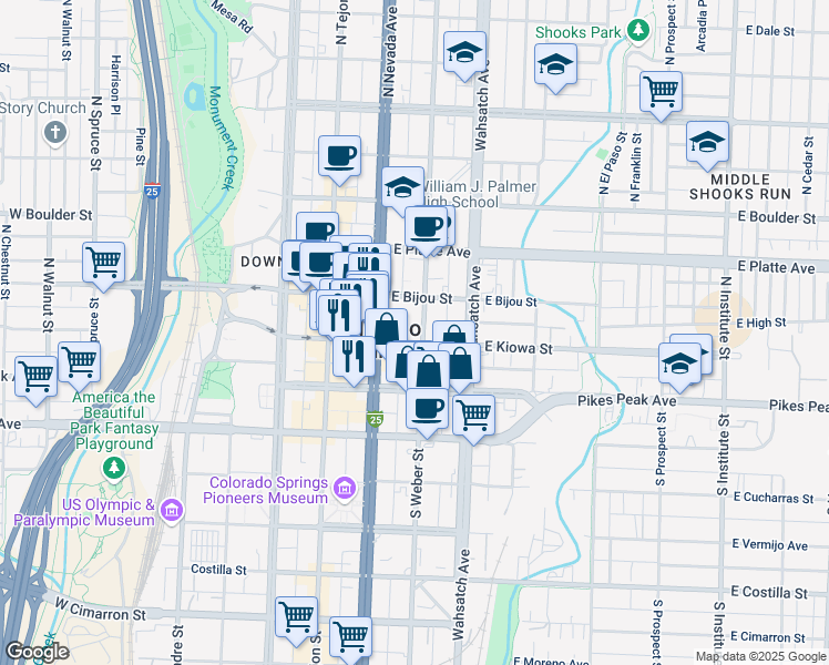 map of restaurants, bars, coffee shops, grocery stores, and more near 224 East Kiowa Street in Colorado Springs