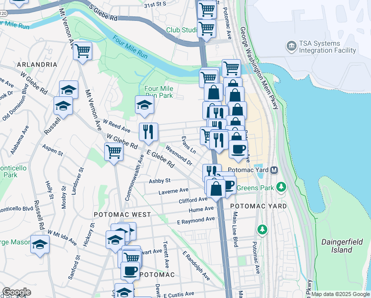 map of restaurants, bars, coffee shops, grocery stores, and more near 215 Evans Lane in Alexandria