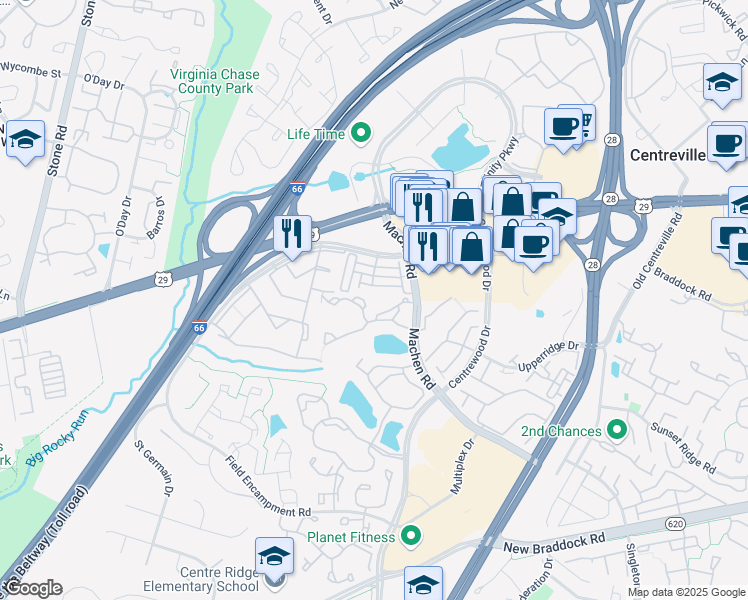 map of restaurants, bars, coffee shops, grocery stores, and more near 14300 Grape Holly Grove in Centreville