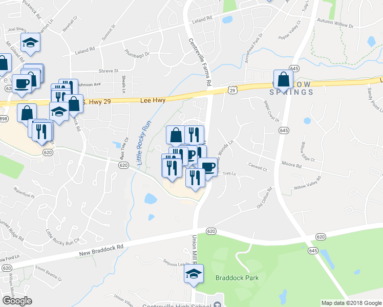 map of restaurants, bars, coffee shops, grocery stores, and more near 5663 White Dove Lane in Clifton