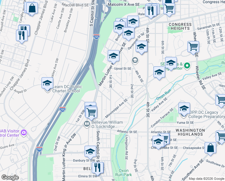 map of restaurants, bars, coffee shops, grocery stores, and more near 101 Wayne Place Southeast in Washington