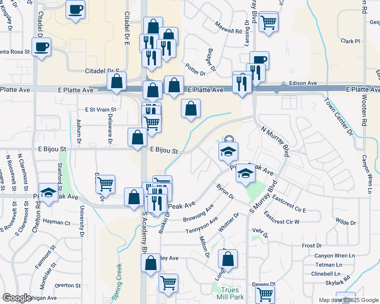 map of restaurants, bars, coffee shops, grocery stores, and more near 3985 East Bijou Street in Colorado Springs