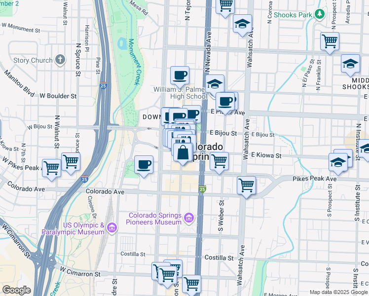 map of restaurants, bars, coffee shops, grocery stores, and more near 31 North Tejon Street in Colorado Springs