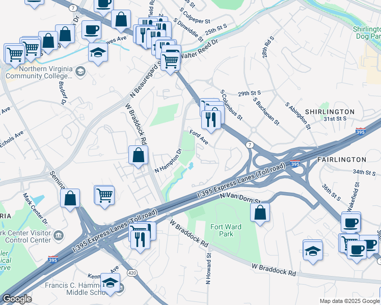 map of restaurants, bars, coffee shops, grocery stores, and more near 4550 Strutfield Lane in Alexandria