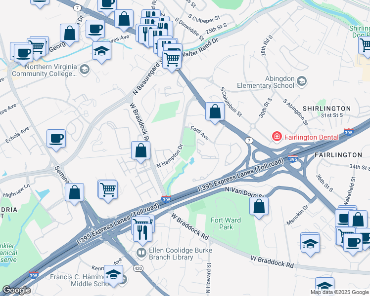 map of restaurants, bars, coffee shops, grocery stores, and more near 4560 Strutfield Lane in Alexandria