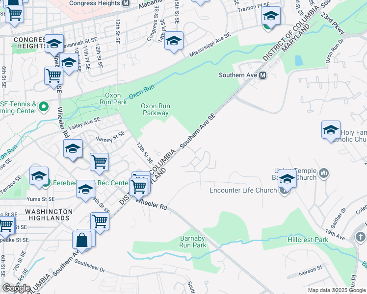 map of restaurants, bars, coffee shops, grocery stores, and more near 1300 Southern Avenue Southeast in Washington