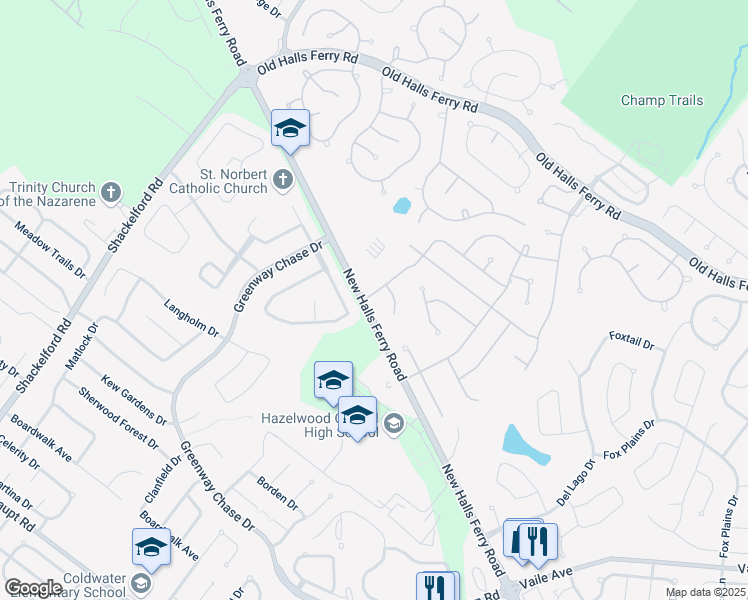 map of restaurants, bars, coffee shops, grocery stores, and more near 3800 Salvation Road in Florissant