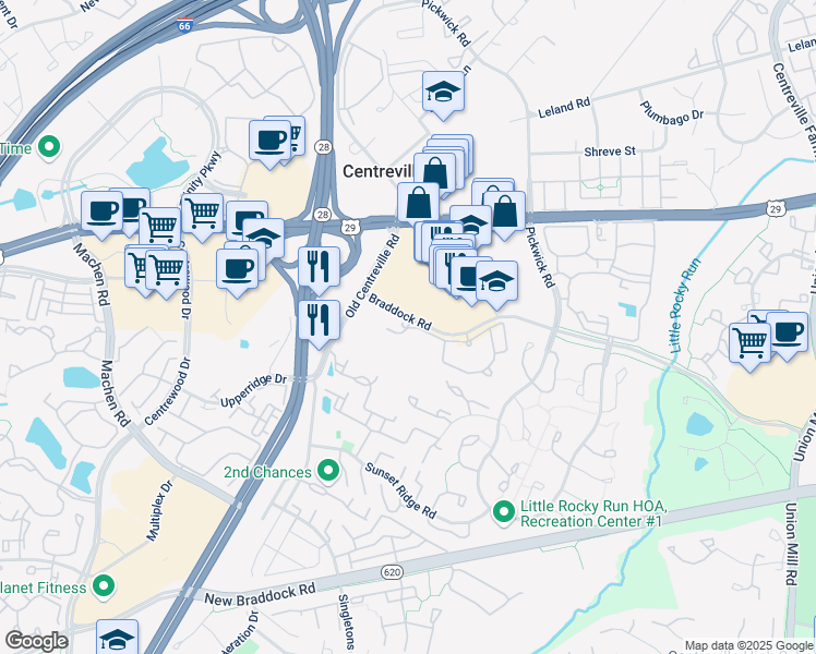 map of restaurants, bars, coffee shops, grocery stores, and more near 13870 Braddock Springs Road in Centreville