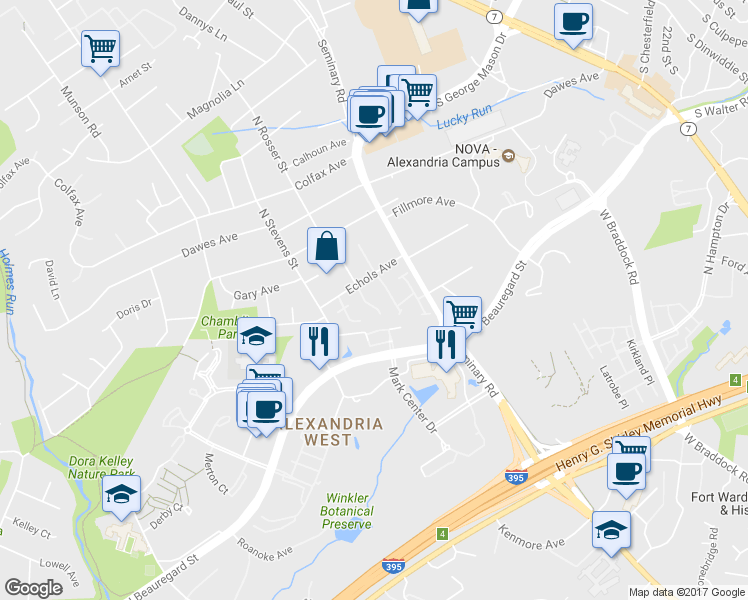 map of restaurants, bars, coffee shops, grocery stores, and more near 2677 Centennial Court in Alexandria