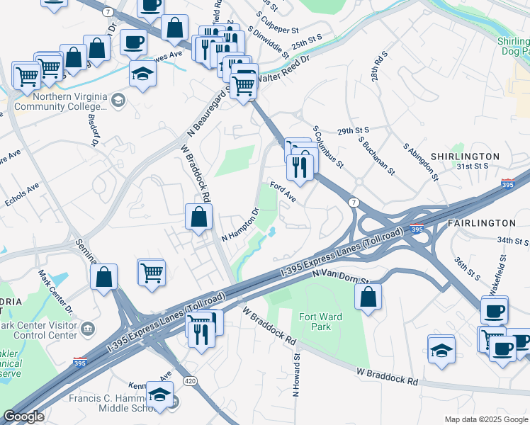 map of restaurants, bars, coffee shops, grocery stores, and more near 4550 Strutfield Lane in Alexandria