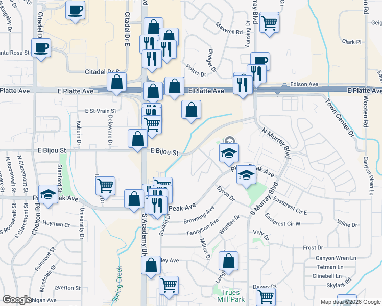 map of restaurants, bars, coffee shops, grocery stores, and more near 3955 East Bijou Street in Colorado Springs