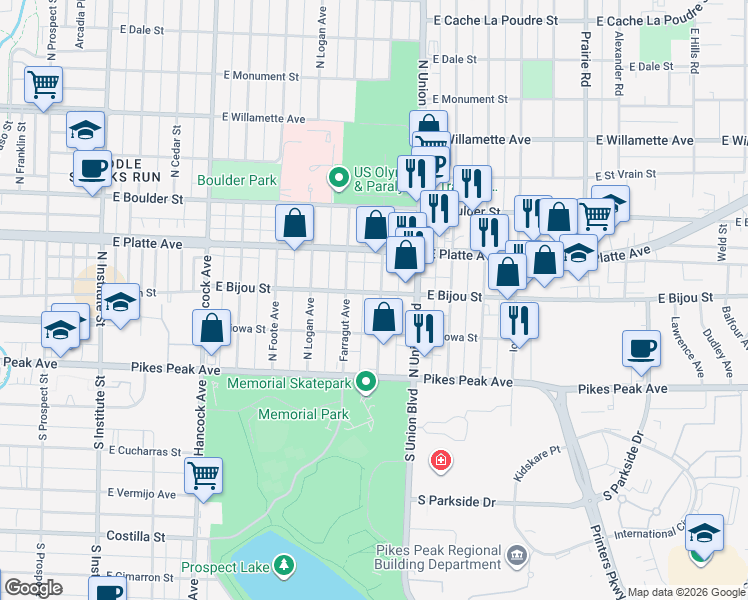 map of restaurants, bars, coffee shops, grocery stores, and more near 112 North Meade Avenue in Colorado Springs