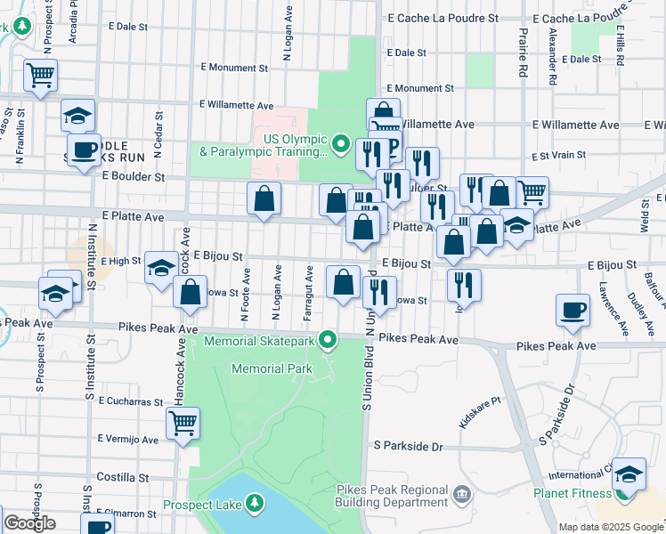 map of restaurants, bars, coffee shops, grocery stores, and more near 112 North Meade Avenue in Colorado Springs