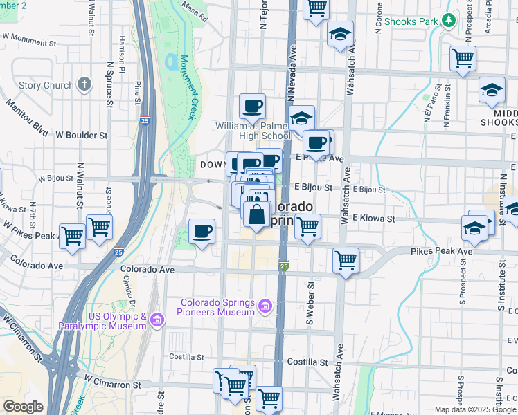 map of restaurants, bars, coffee shops, grocery stores, and more near 31 North Tejon Street in Colorado Springs