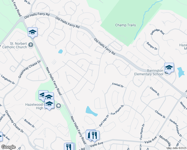 map of restaurants, bars, coffee shops, grocery stores, and more near 1013 Exacta Court in Florissant