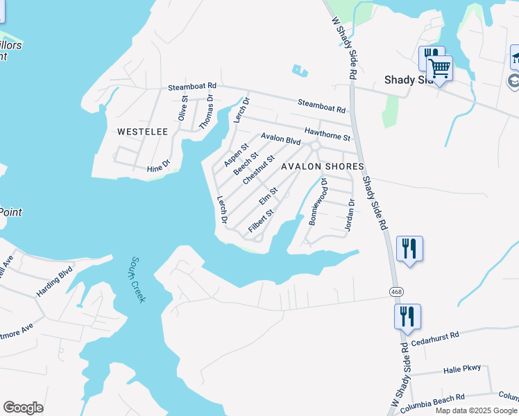 map of restaurants, bars, coffee shops, grocery stores, and more near 4953 Elm Street in Shady Side