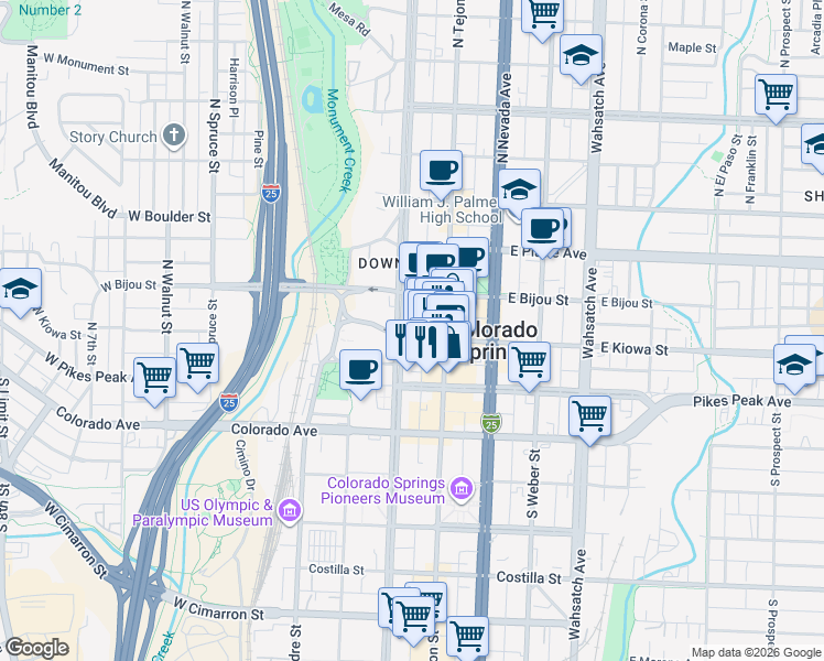map of restaurants, bars, coffee shops, grocery stores, and more near 101 North Cascade Avenue in Colorado Springs