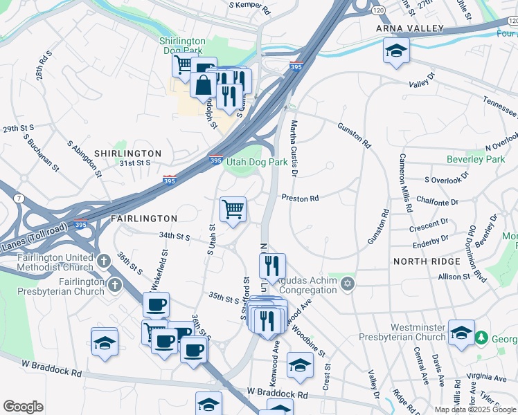 map of restaurants, bars, coffee shops, grocery stores, and more near 3279 South Stafford Street in Arlington
