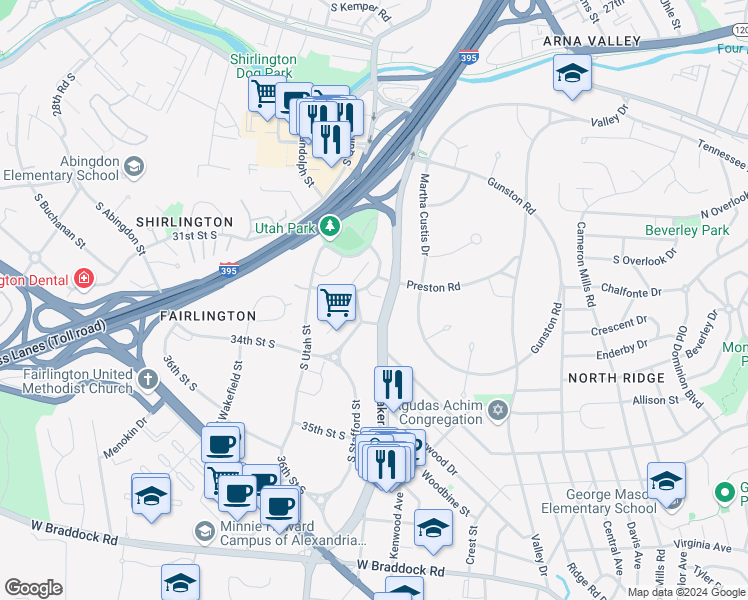 map of restaurants, bars, coffee shops, grocery stores, and more near 3279 South Stafford Street in Arlington