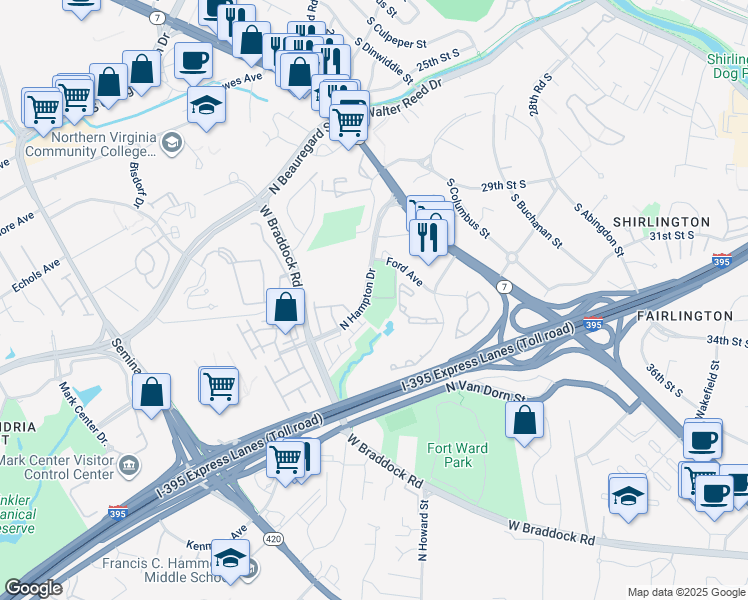 map of restaurants, bars, coffee shops, grocery stores, and more near 4560 Strutfield Lane in Alexandria