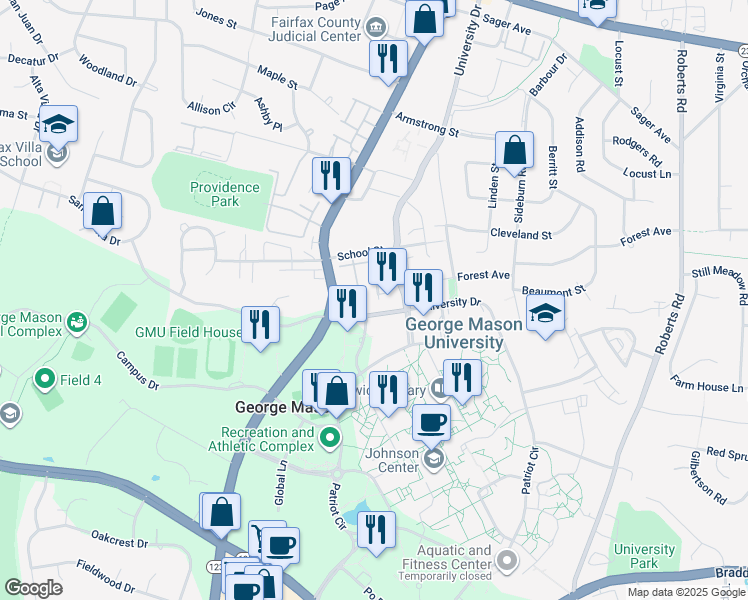 map of restaurants, bars, coffee shops, grocery stores, and more near 4372 High Oak Lane in Fairfax