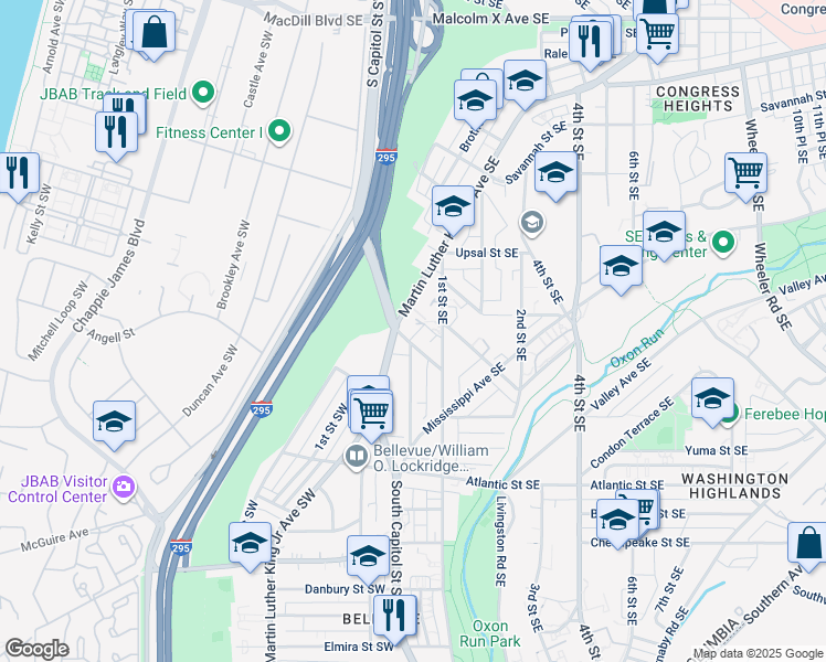 map of restaurants, bars, coffee shops, grocery stores, and more near 3794 Martin Luther King Junior Avenue Southeast in Washington