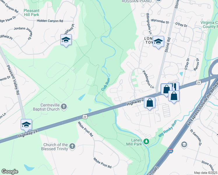 map of restaurants, bars, coffee shops, grocery stores, and more near 14930 Lady Madonna Court in Centreville