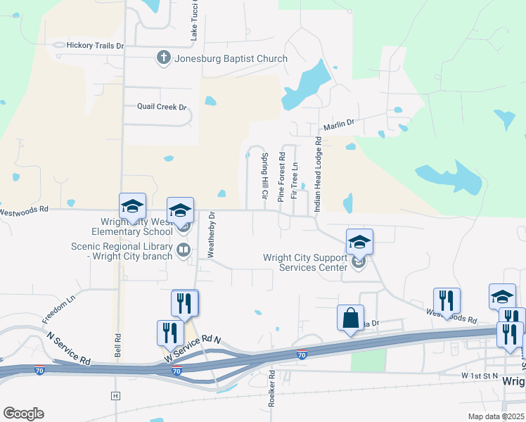 map of restaurants, bars, coffee shops, grocery stores, and more near 520 Westwoods Road in Wright City