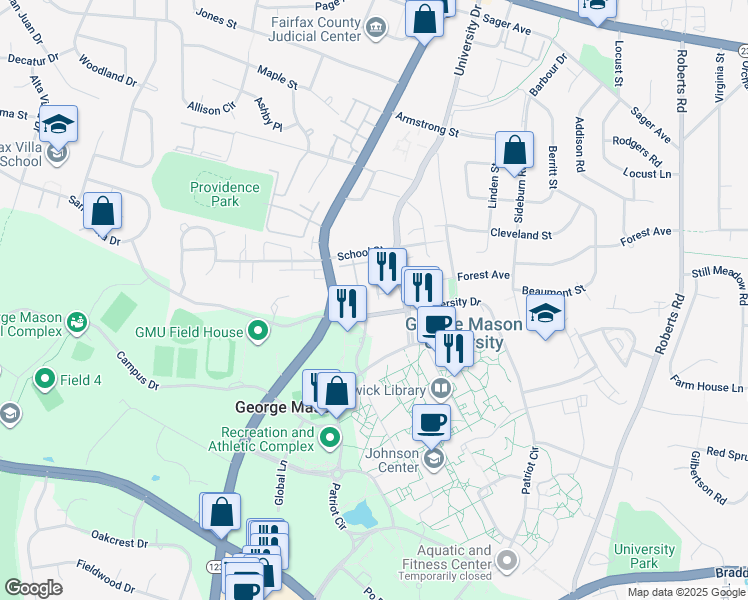 map of restaurants, bars, coffee shops, grocery stores, and more near 4372 High Oak Lane in Fairfax