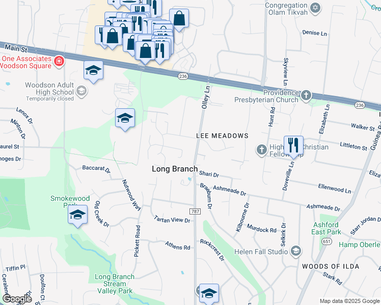 map of restaurants, bars, coffee shops, grocery stores, and more near 4048 Olley Lane in Fairfax