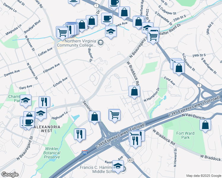 map of restaurants, bars, coffee shops, grocery stores, and more near 4800 Fillmore Avenue in Alexandria