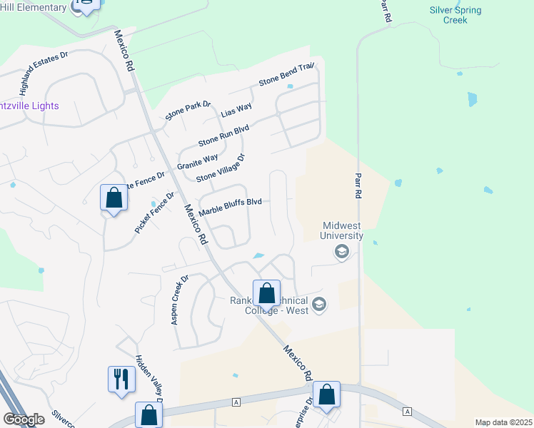 map of restaurants, bars, coffee shops, grocery stores, and more near 474 Honeysuckle Creek Drive in Wentzville