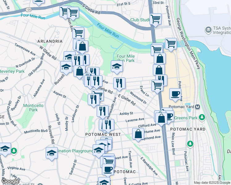 map of restaurants, bars, coffee shops, grocery stores, and more near 11 East Glebe Road in Alexandria