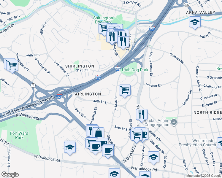 map of restaurants, bars, coffee shops, grocery stores, and more near 3315 South Wakefield Street in Arlington