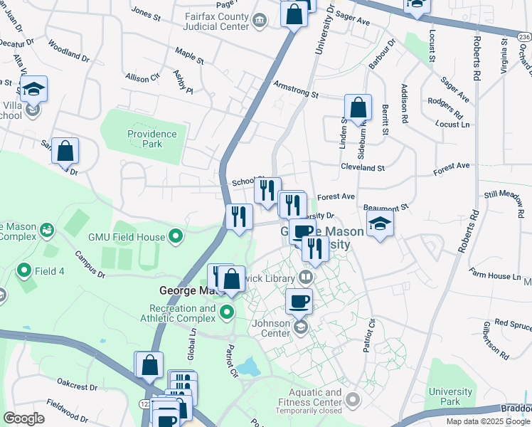 map of restaurants, bars, coffee shops, grocery stores, and more near 4436 Manor Oak Lane in Fairfax