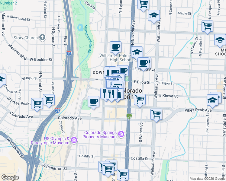 map of restaurants, bars, coffee shops, grocery stores, and more near 20 North Tejon Street in Colorado Springs