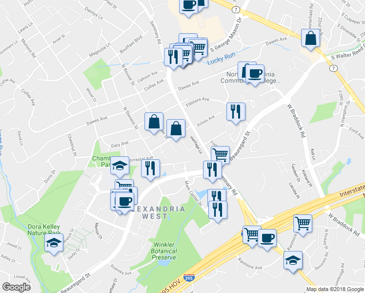 map of restaurants, bars, coffee shops, grocery stores, and more near 5136 Woodmire Lane in Alexandria
